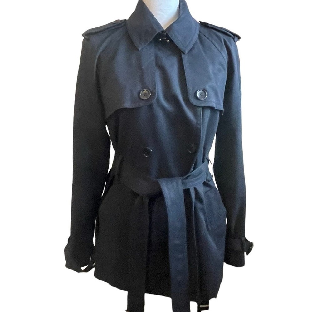 Club‎ Monaco Women Trench Coat L Navy Belted Double Breasted Minimalist Classic
